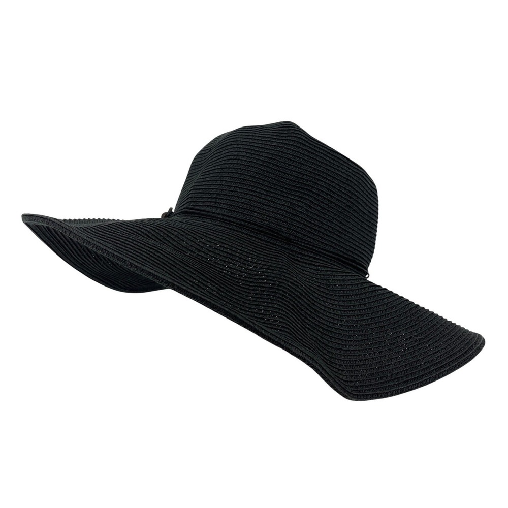 Croft & Barrow Womens Black Wide Brim Floppy Sun Hat Straw Wood Ring Accent‎